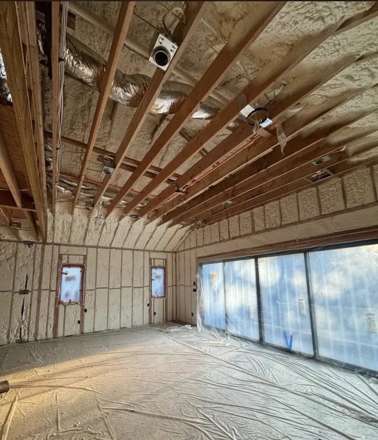 Interior walls and ceiling insulated with spray foam during new construction in Lower Allen